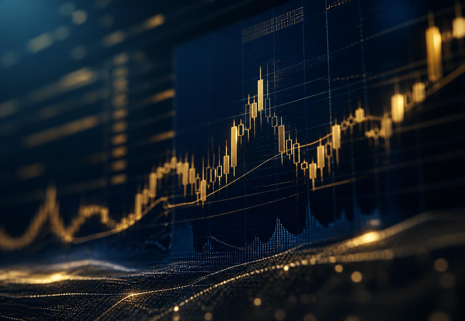 Gold candlestick chart on a dark navy institutional trading interface